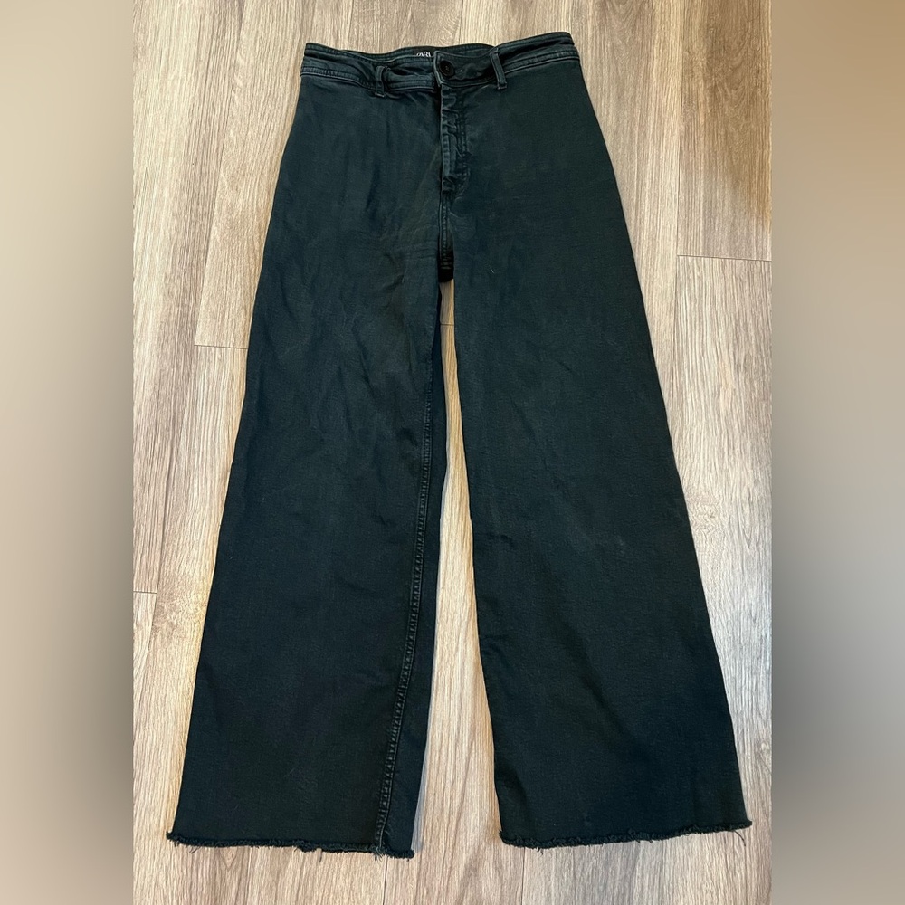 Zara The Marine Straight Black Denim Wide Leg High Rise Jeans Size 10